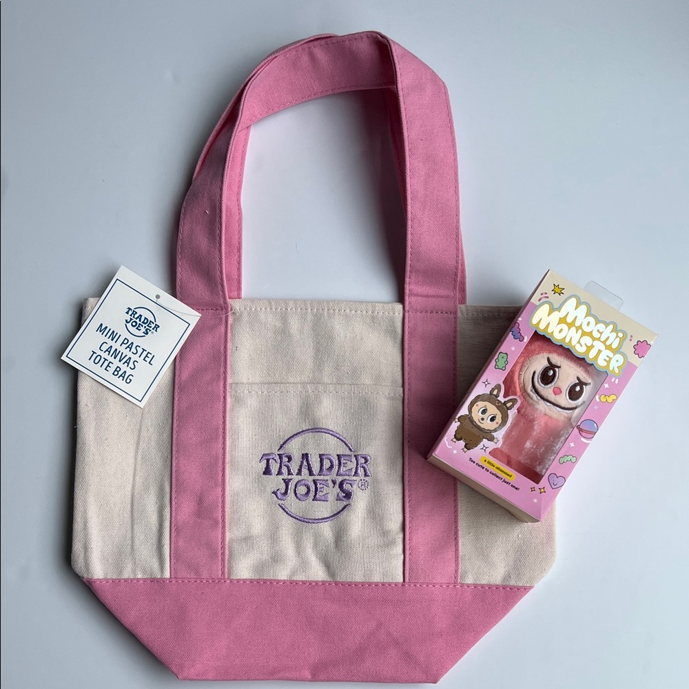 Trader Joe's Pink & Cream Mini Canvas Tote with Mochi Minster Keychain Bundle